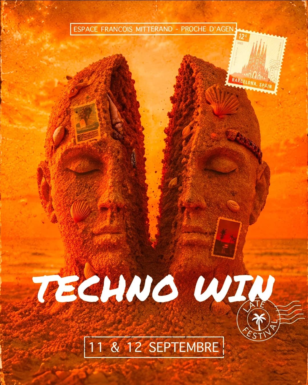 Affiche du Late Festival de Techno Win : deux bustes de sable ornés de coquillages, ouverts en deux sur un coucher de soleil orange.